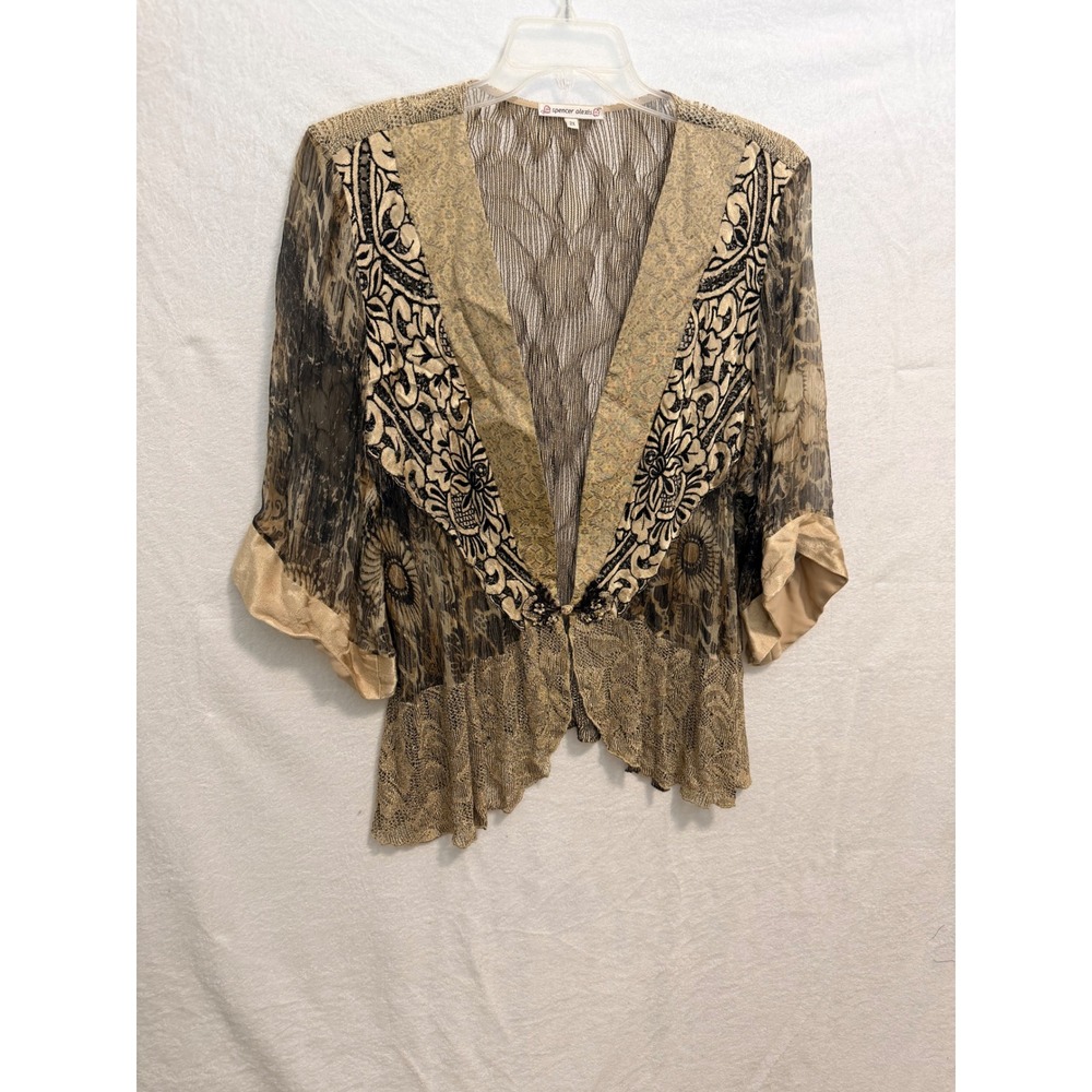 Spencer Alexis Silk Blend Metallic Gold Lace Floral Cardigan Jacket 2X STA02W